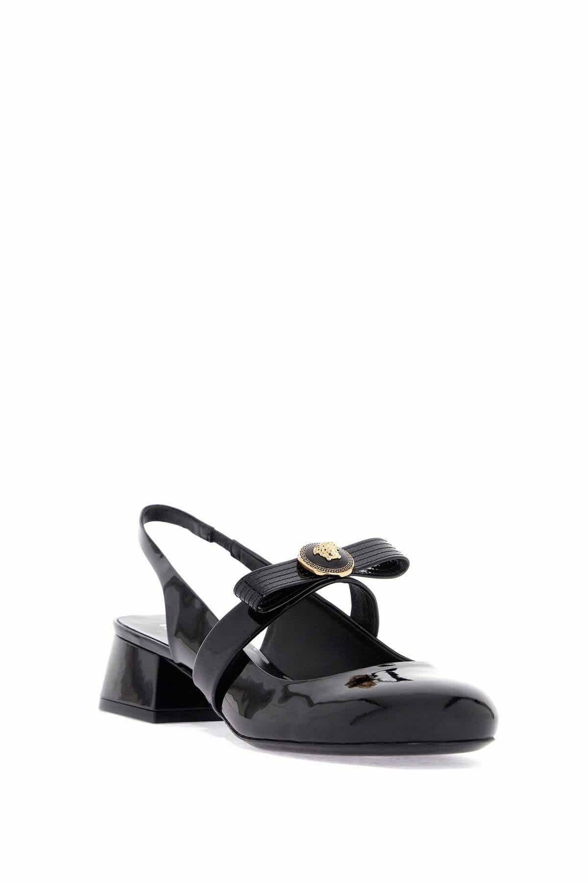 Туфли-лодочки Versace Gianni Ribbon Patent 35 мм с открытой пяткой, black-versace gold — фото 2