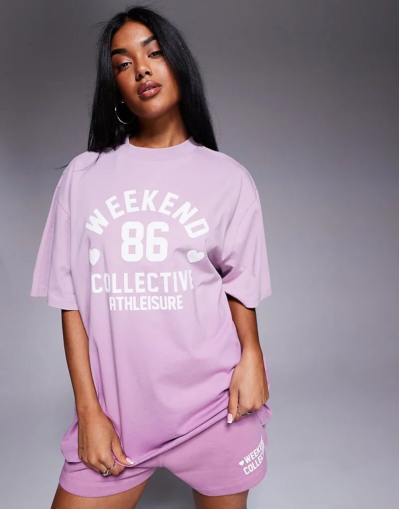 

Футболка Weekend Collective co-ord с принтом в виде сердечек с эффектом омбре сиреневого цвета Asos Weekend Collective