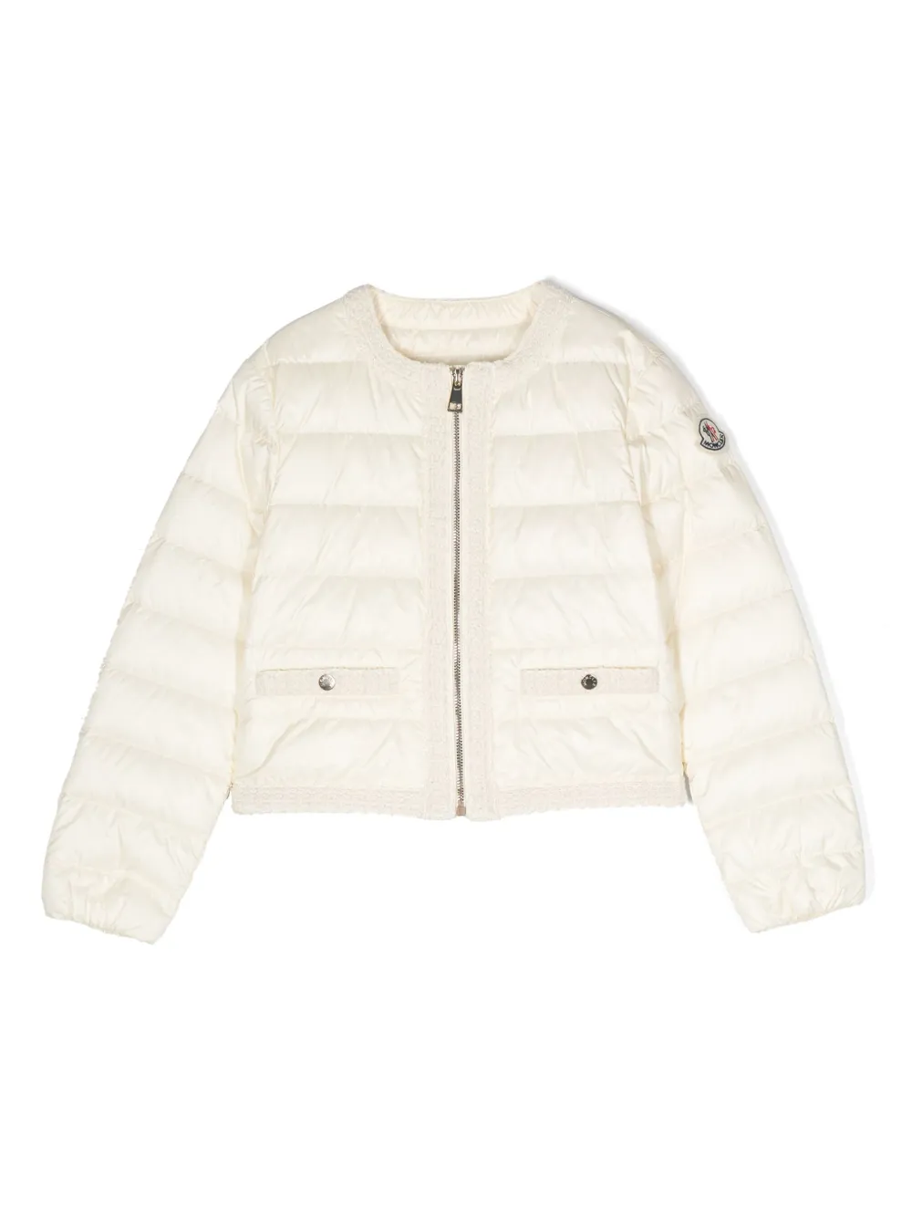 

Пуховик с окантовкой из ткани букле Moncler Enfant, нейтральный