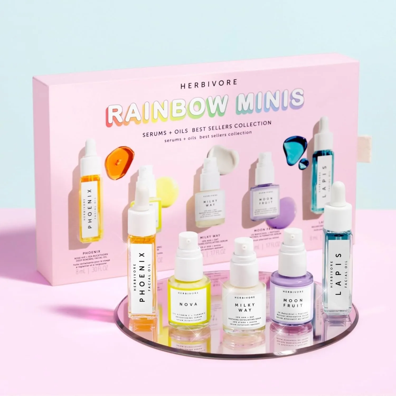 Набор мини-продуктов HERBIVORE Rainbow Minis Set (коллекция бестселлеров сывороток и масел), на растительной основе, веганский, не тестируется на животных.