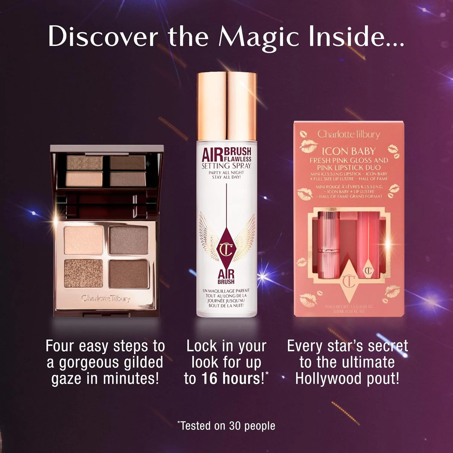 Набор Charlotte Tilbury Holiday Beauty - спрей для фиксации макияжа Airbrush Flawless 100 мл, крем Charlotte's Magic 30 мл, сыворотка Magic 8 мл, палетка теней Golden Goddess и бальзам для губ Icon Baby, The Golden Goddess, Icon Baby, Hall of Fa... — фото 2
