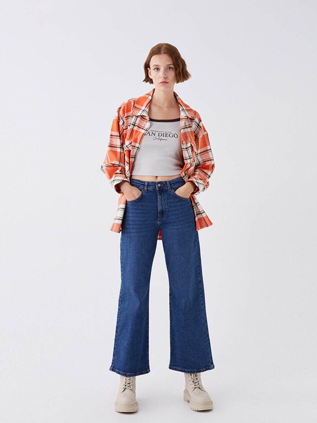 

Широкие женские джинсовые брюки с высокой талией LCW Jeans, темное родео