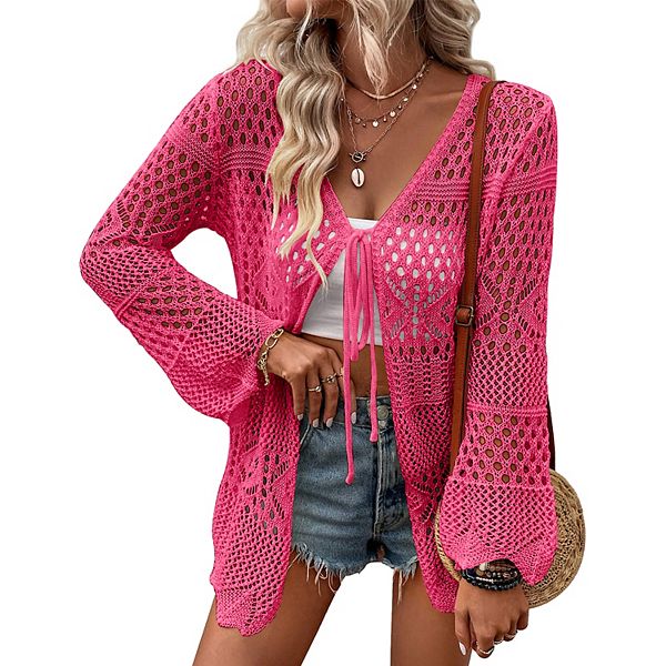 

Женский кардиган с запахом и ажурной вязкой, легкий тонкий свитер с длинным рукавом Maxxis Merch, Rose Red