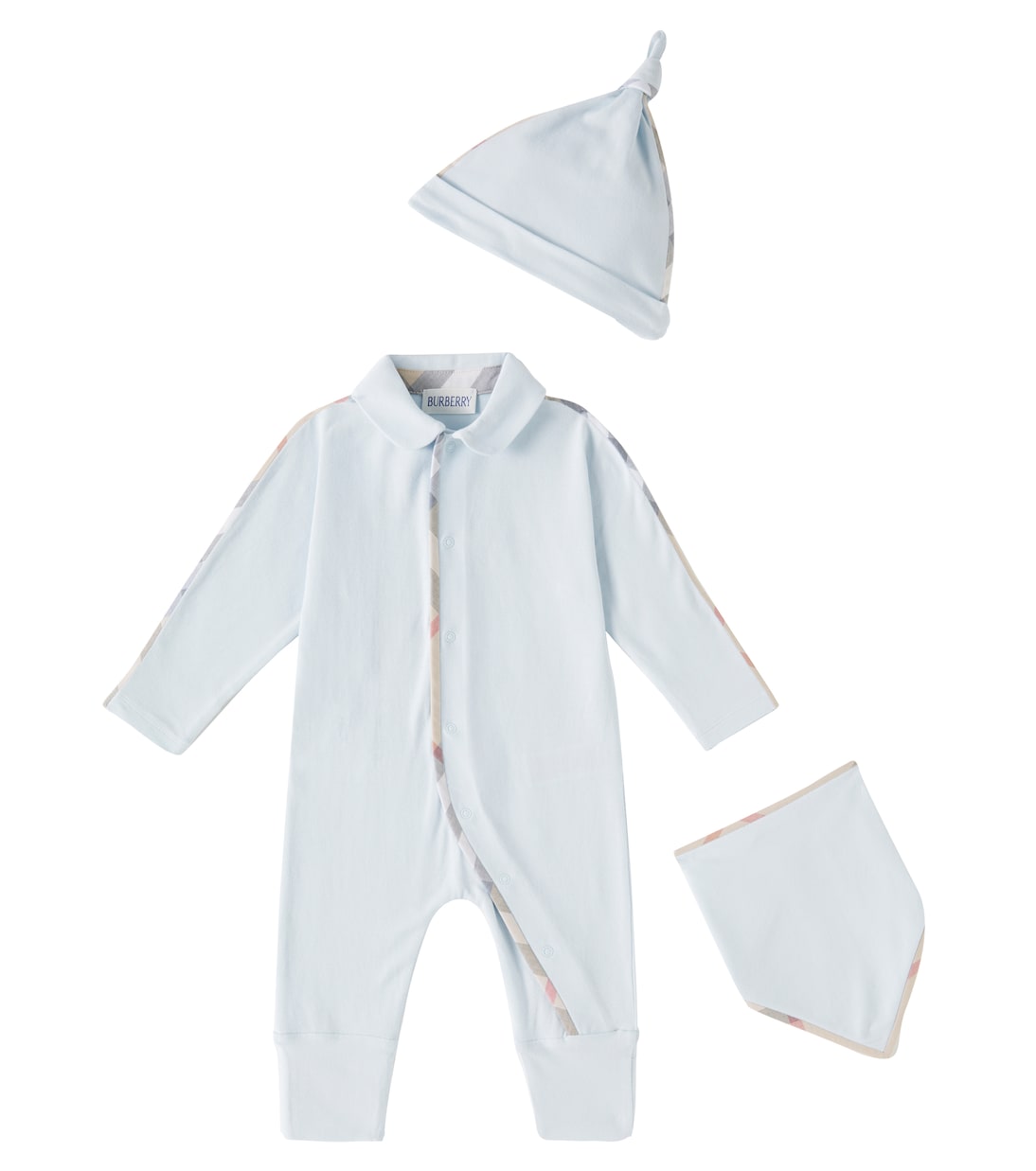 

Комплект боди, слюнявчика и шапочки Burberry Kids, Bright Sky
