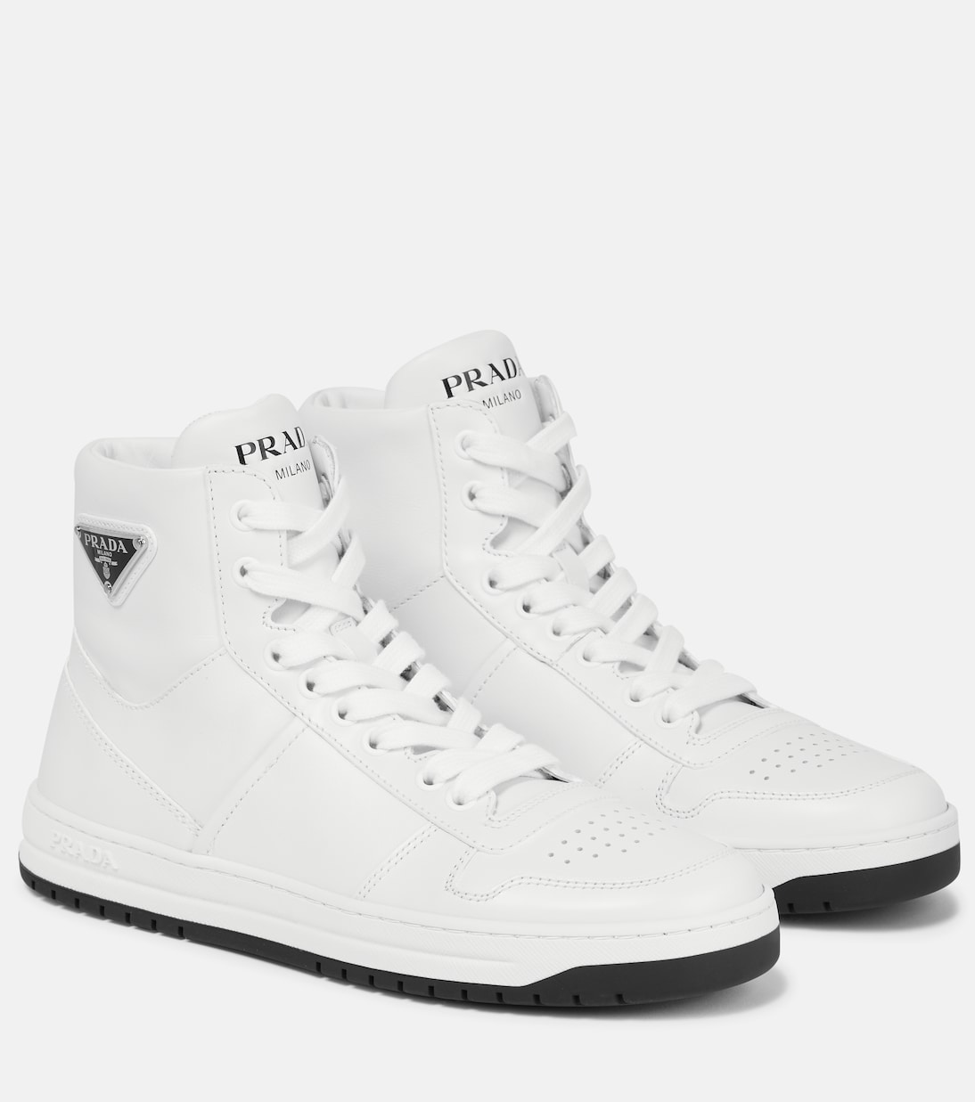 Кожаные кроссовки на высокой подошве Prada, Bianco+Nero