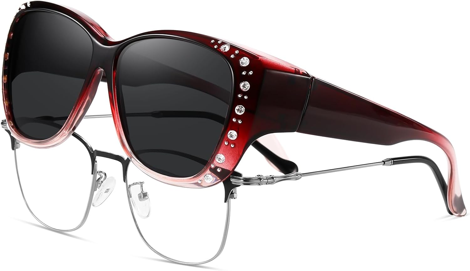 

Женские поляризованные солнцезащитные очки HAOLOTA с блестками, солнцезащитные очки для коррекции зрения, защита от УФ-излучения UV400, M Size Gradient Red Frame Grey Lens