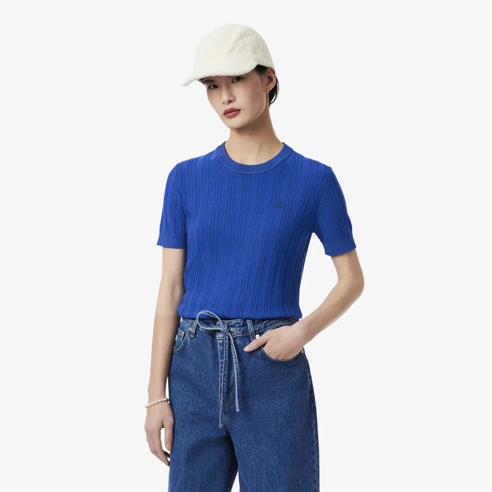 Свитер Lacoste плиссированный, женский, с коротким рукавом, синий