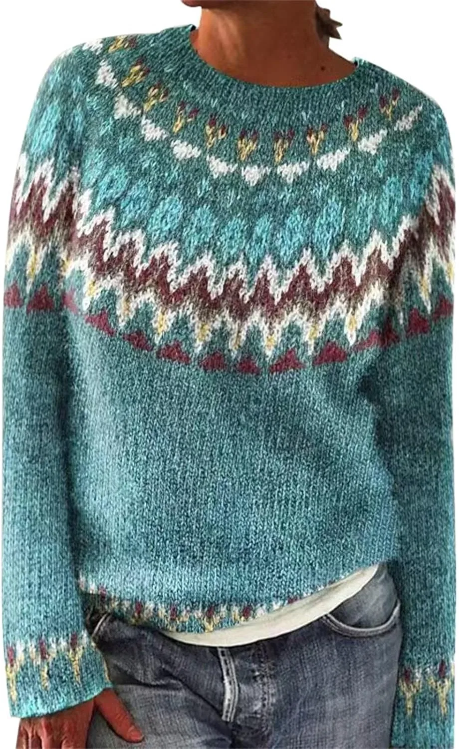 Женский свитер в стиле Fair Isle с круглым вырезом, вязаный, свободного кроя, уютный, комфортный, в винтажном стиле, теплый пуловер для осени и зимы