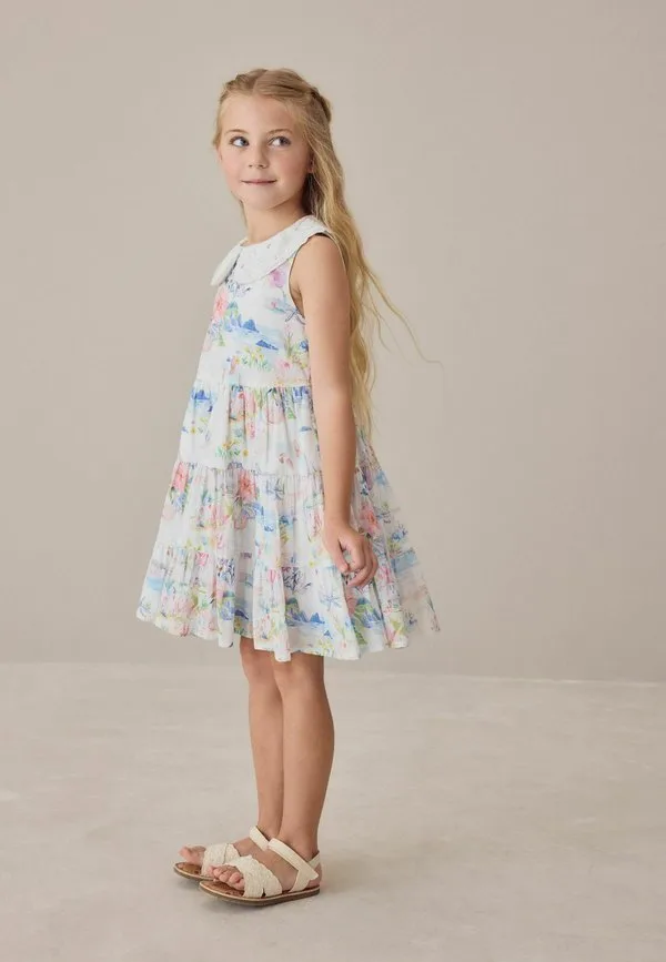 Платье прямого кроя с воротником и ярусным подолом. повседневное платье Laura Ashley, Multi Seaside Beach Scene