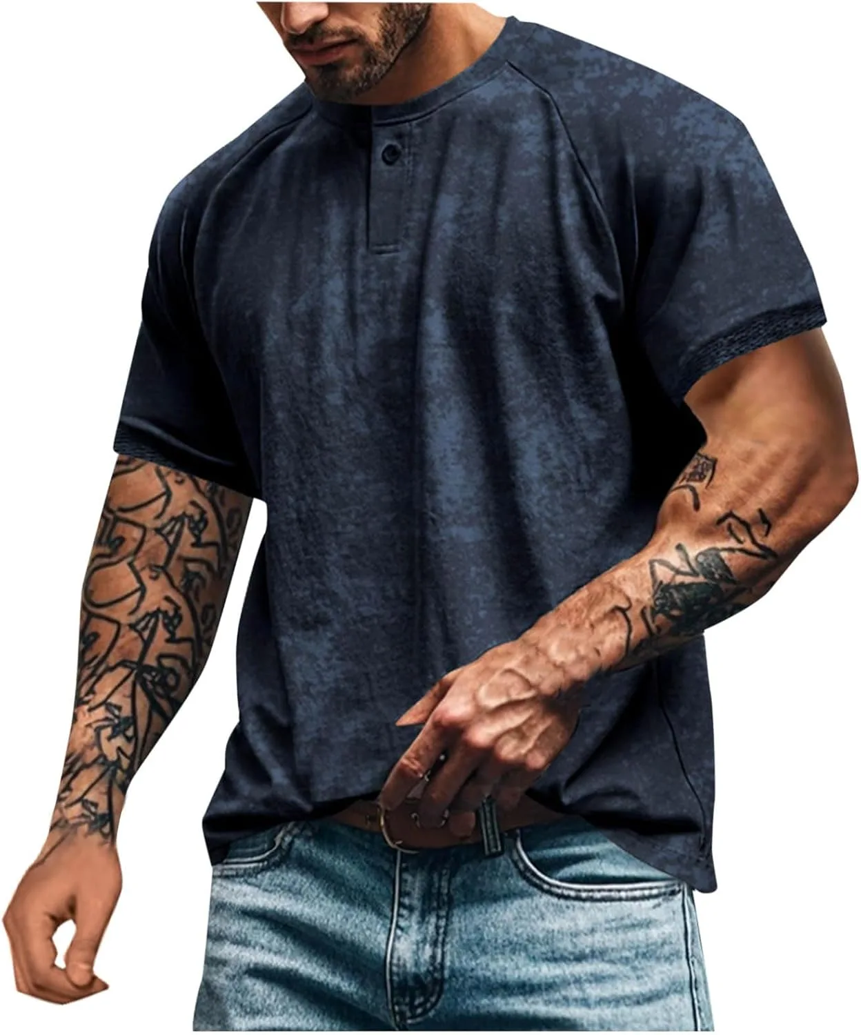 

Футболка мужская с коротким рукавом Henley, вязаный воротник, принт тай-дай