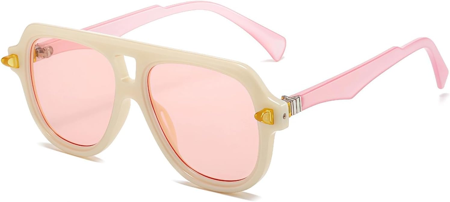 

Ретро-солнцезащитные очки-пилот с двойной перемычкой для мужчин и женщин, в стиле панк с заклепками, защита от УФ-излучения UV400, в комплекте кожаный чехол LSXHASGLD, Pink/Beige/Pink