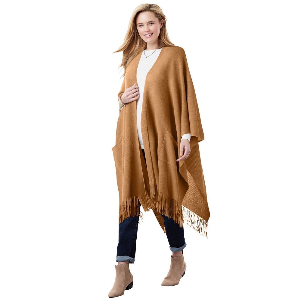 

Женщина в женской накидке больших размеров с бахромой Woman Within, цвет Classic Soft Camel