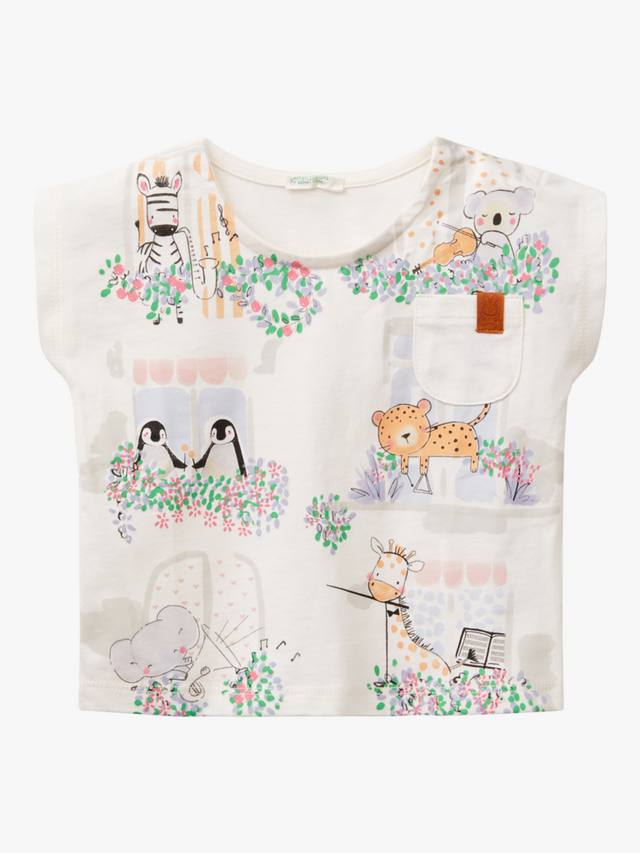 

Детская хлопчатобумажная футболка с животным принтом Benetton, цвет White Cream