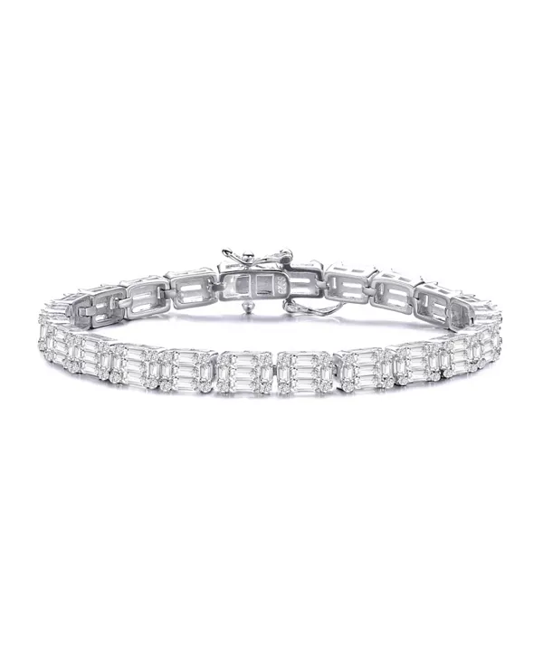 

Браслет из стерлингового серебра с покрытием из белого золота, прозрачными зелеными и круглыми кубическими циркониями, прямоугольными звеньями Genevive, silver