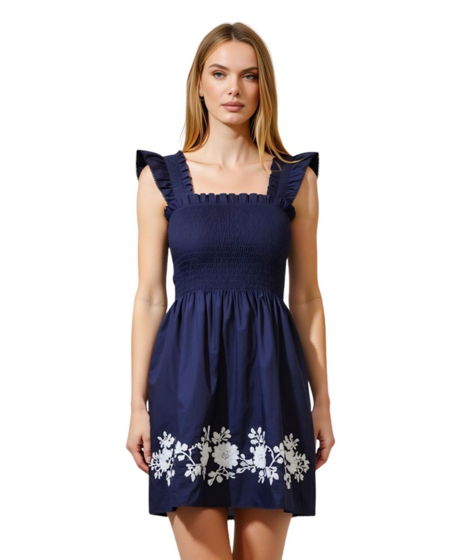 

Женское мини-платье с присборенными бретелями и цветочной вышивкой Modenaire, Navy
