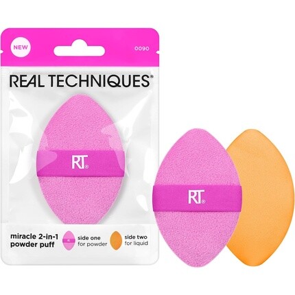 

Real Techniques Miracle 2-в-1 пуховка для пудры, двусторонняя пудра для растушевки макияжа, 1 шт.