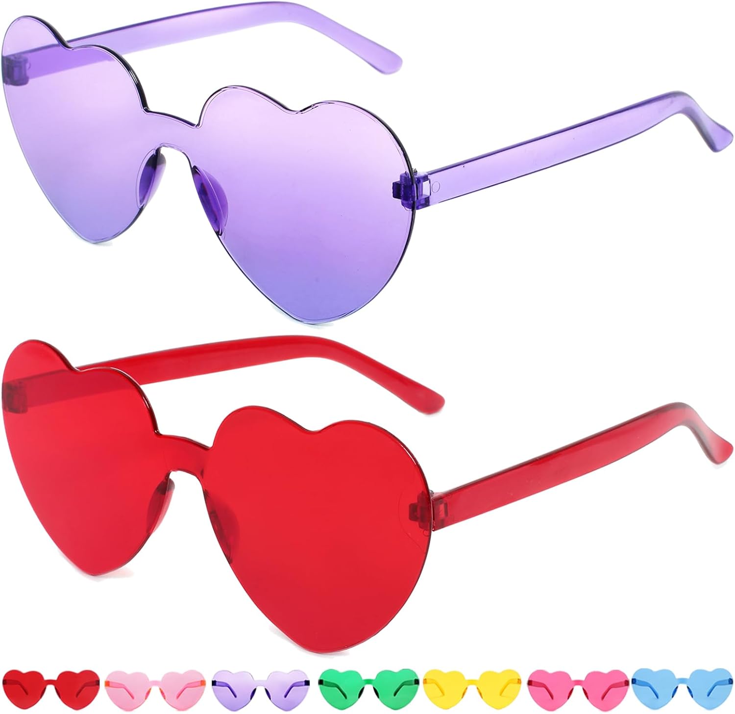 

2 пары солнцезащитных очков в форме сердца, солнцезащитные очки в форме сердца для женщин на День святого Валентина, модные очки без оправы, красочные сувениры для рейв-вечеринки ayigu, Red, Purple