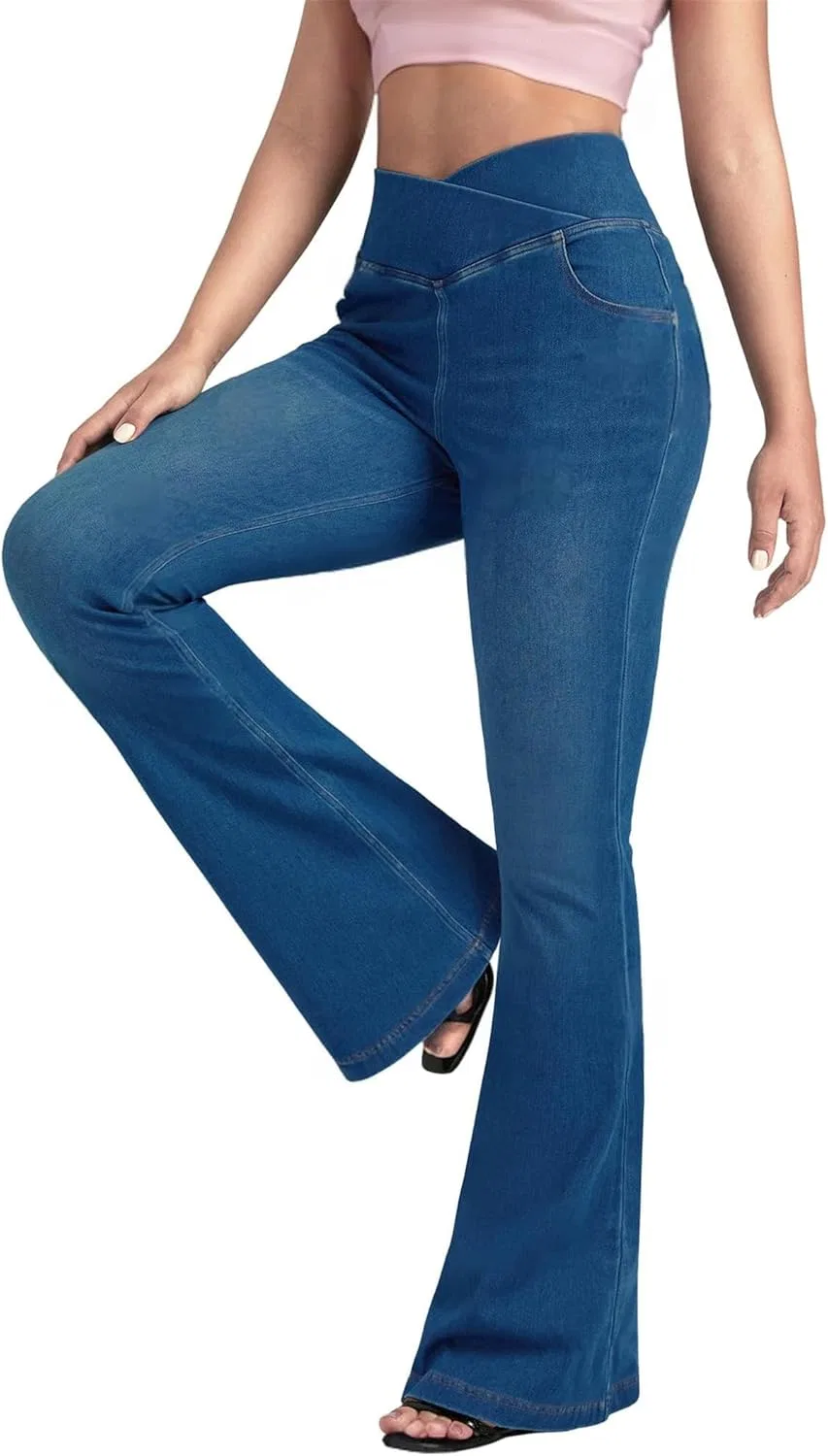 Джинсы клеш High Waisted Crossover Pocket Washed Casual Jeans, Dark Blue