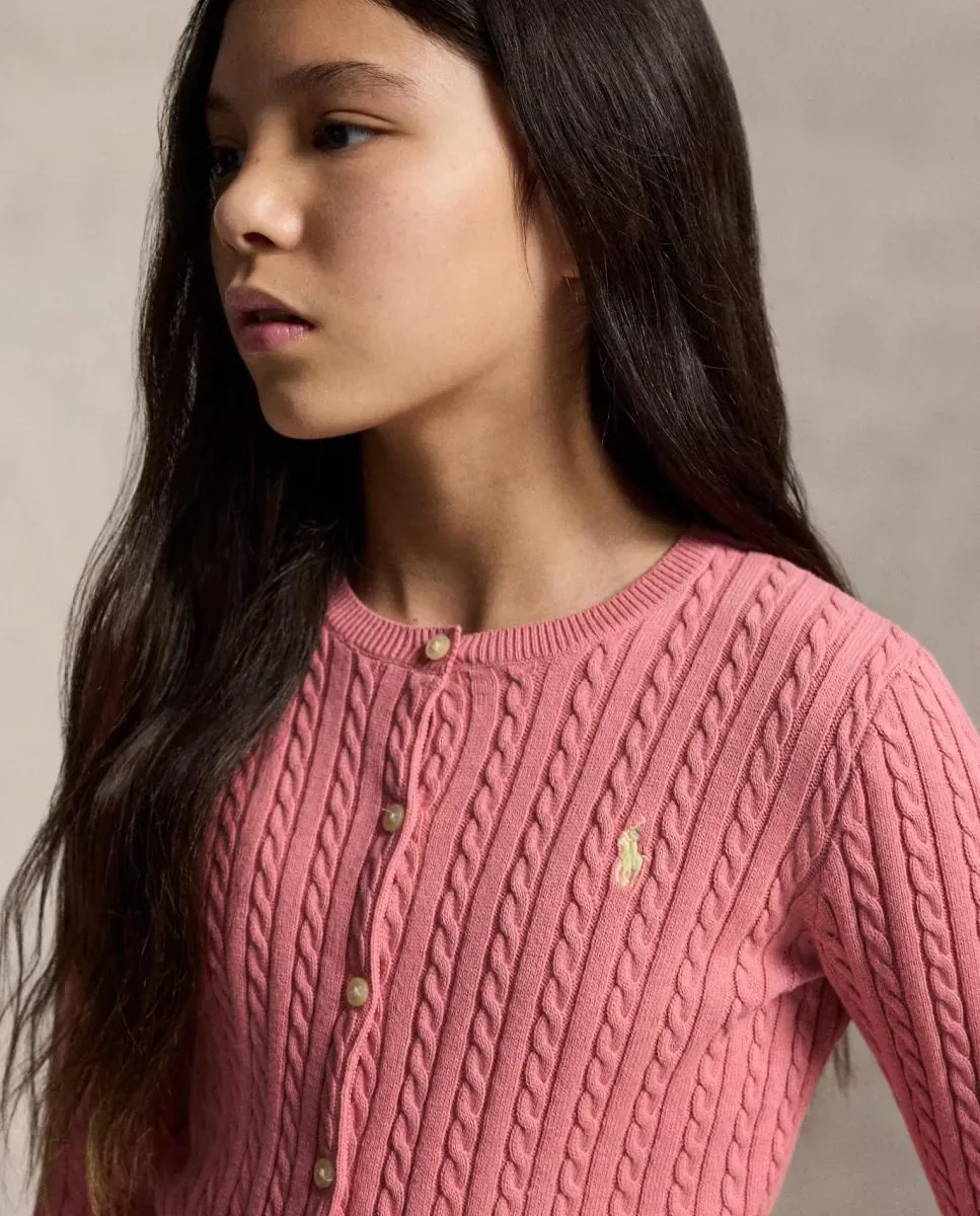 Детский хлопковый кардиган вязкой в косичку Polo Ralph Lauren, коралловый — фото 3