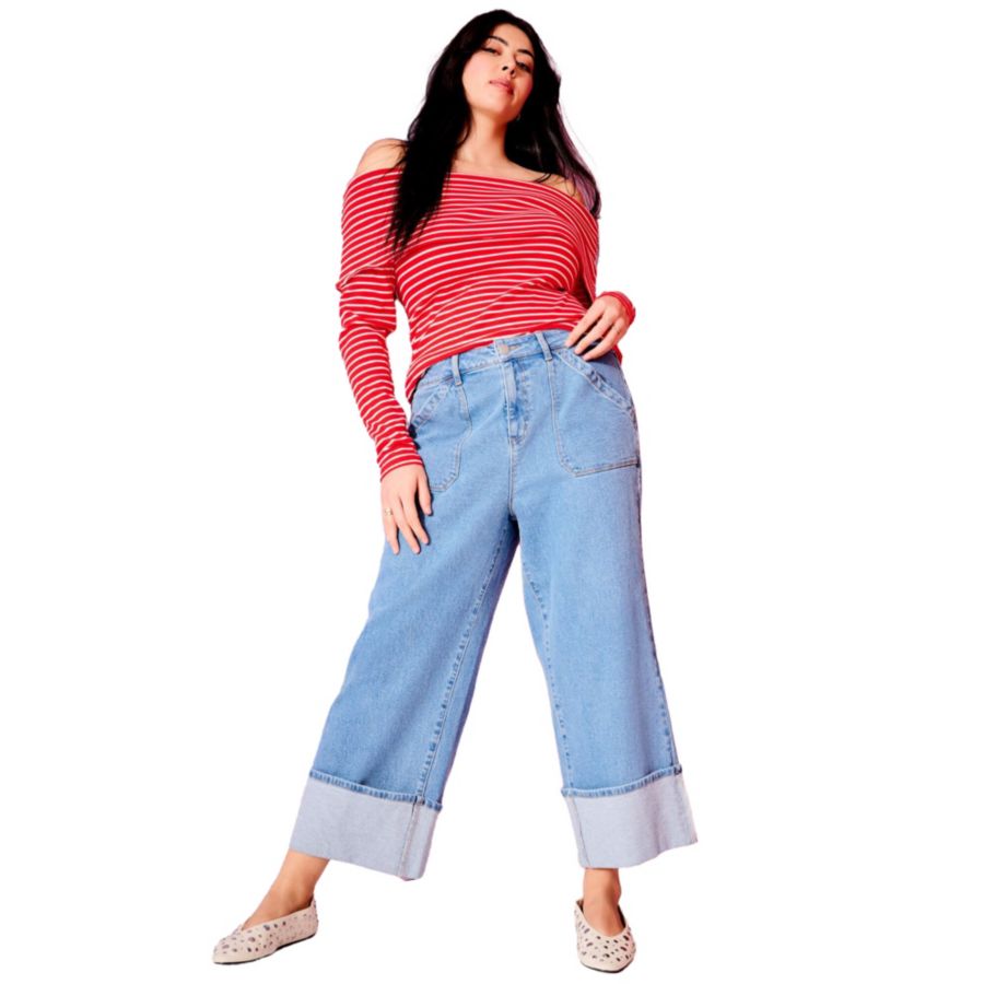 

Женские джинсы June + Vie с широкими штанинами, укороченные, с отворотами June & Vie, Medium vintage wash