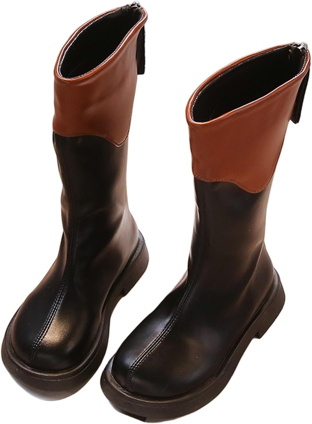 

Девочкам сапоги до колена из искусственной кожи с задней молнией, высокие кавалерийские сапоги, теплые зимние модные снежные ботинки, низкие каблуки, праздничная обувь Generic, Black