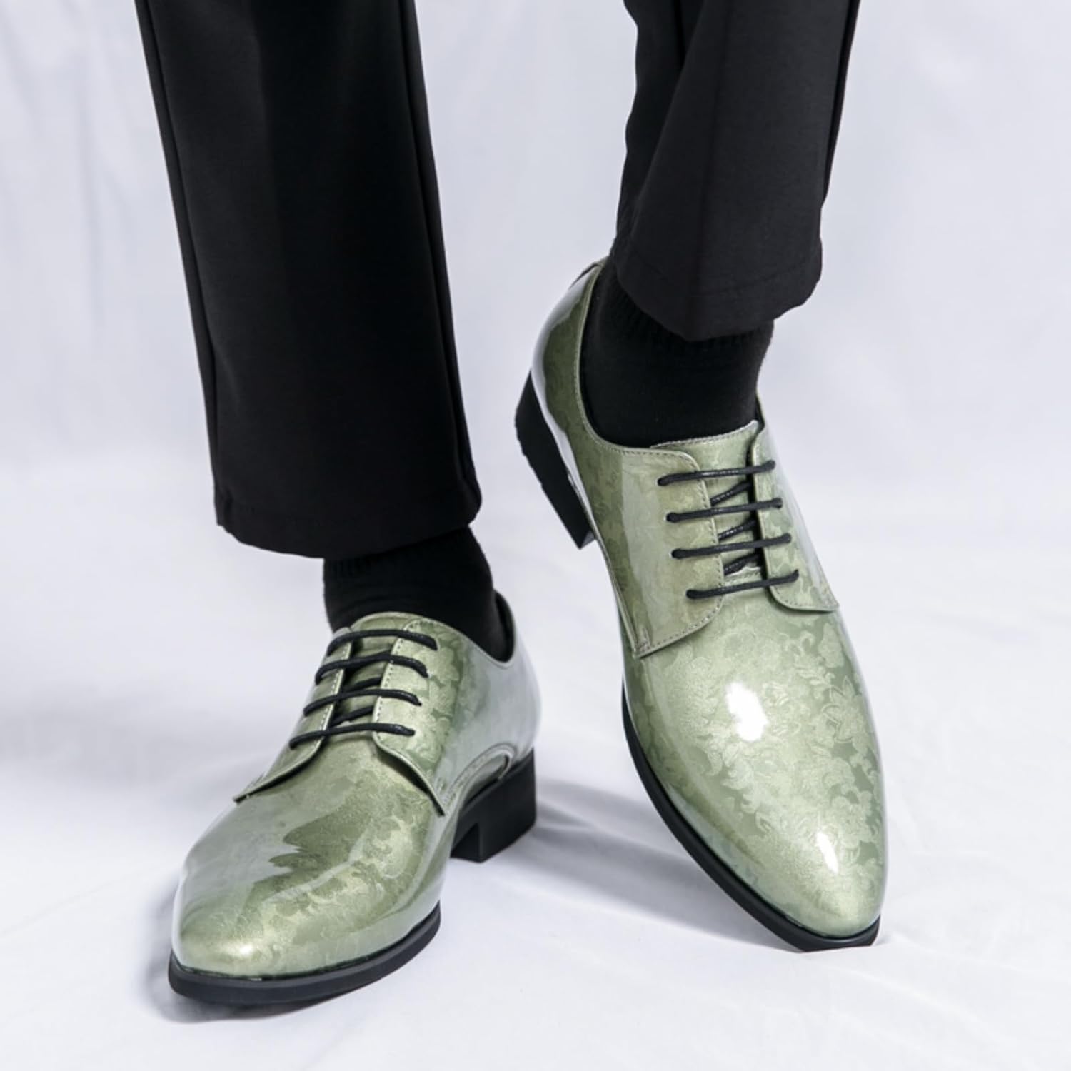Мужские ретро туфли Oxfords из лакированной кожи с принтом, шнуровкой, низким верхом, заостренным носком, с нескользящей подошвой и массивным каблуком, повседневные туфли Dreby для официальных мероприятий, бизнеса и свадеб Boaobaihuo, зеленый — фото 3