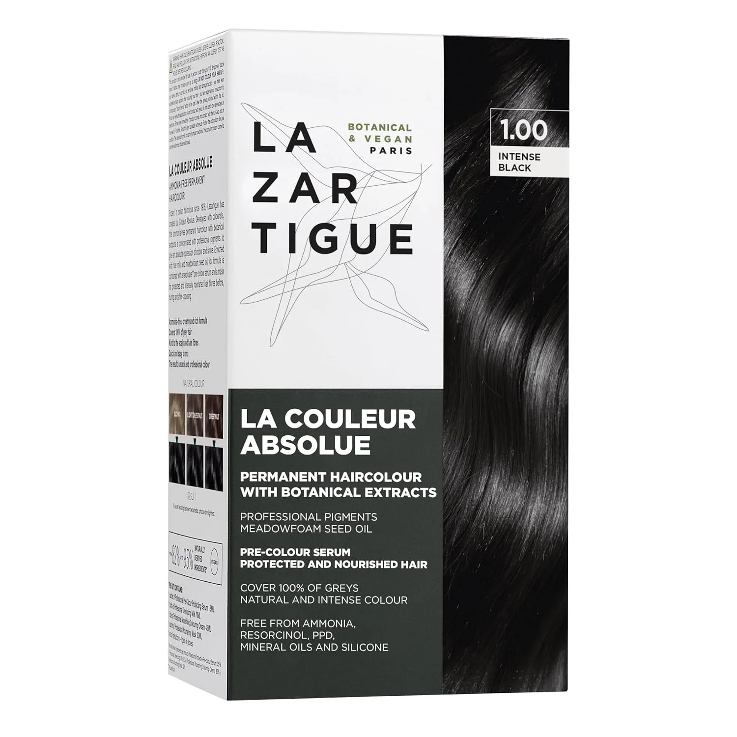 Lazartigue La Couleur Absolue, стойкая краска для волос с растительными экстрактами, набор для окрашивания, веганский продукт, не тестируется на животных, не содержит аммиака. 1 штука (1 шт.), 1.00 Intense Black