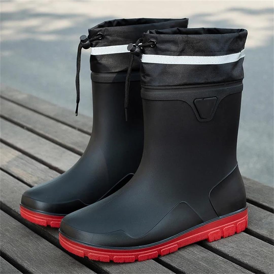 Мужские высокие дождевые сапоги Wjnvfioo Fashion, водонепроницаемые защитные сапоги однотонного цвета, мужские резиновые сапоги, черный/красный — фото 2