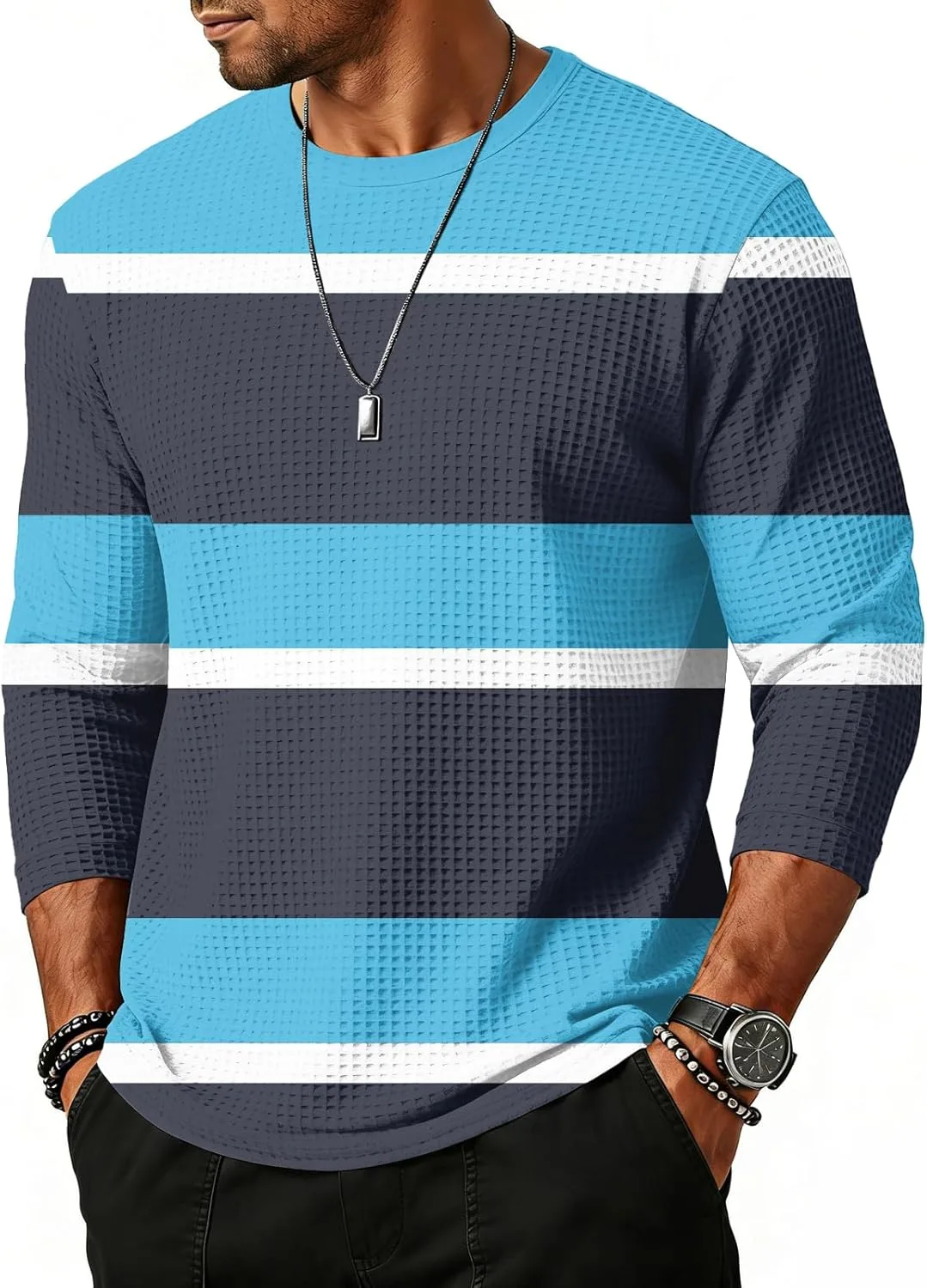 

Свитшот мужской 3/4 рукав Waffle Casual полоски Crew Neck свободный lopmou