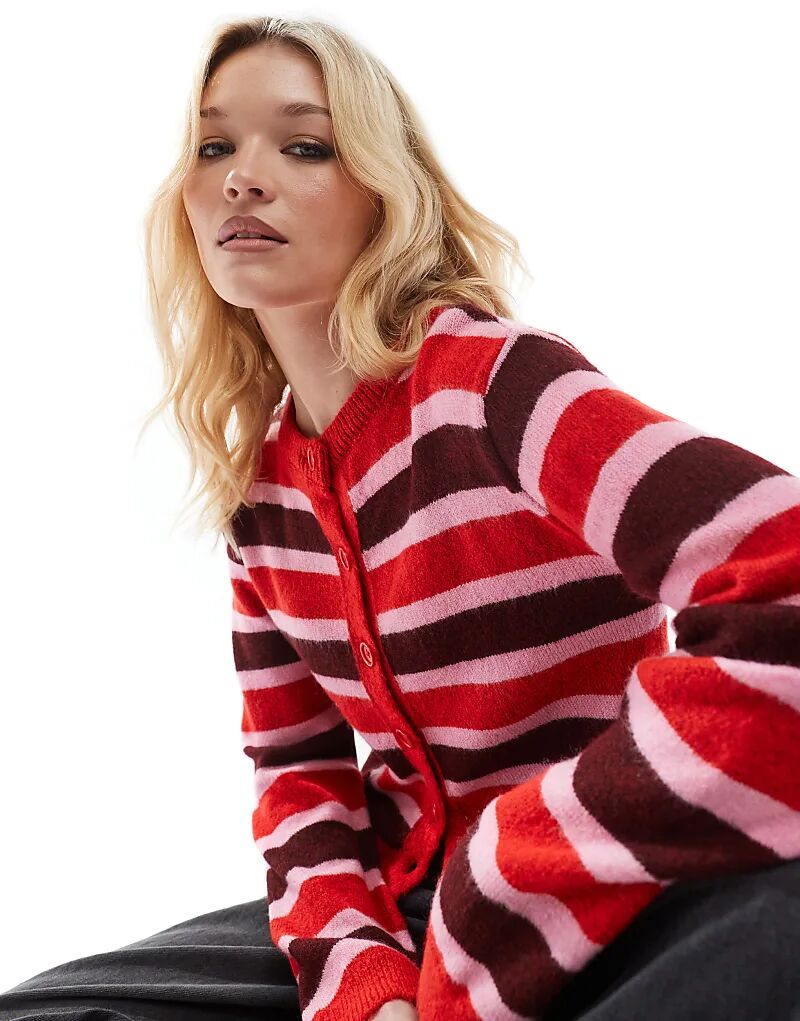

Вязаный кардиган свободного кроя в красную и бордовую полоску ASOS DESIGN