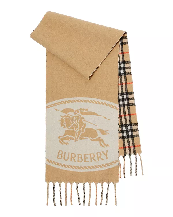 

Двусторонний кашемировый шарф с рыцарским принтом Burberry, бежевый