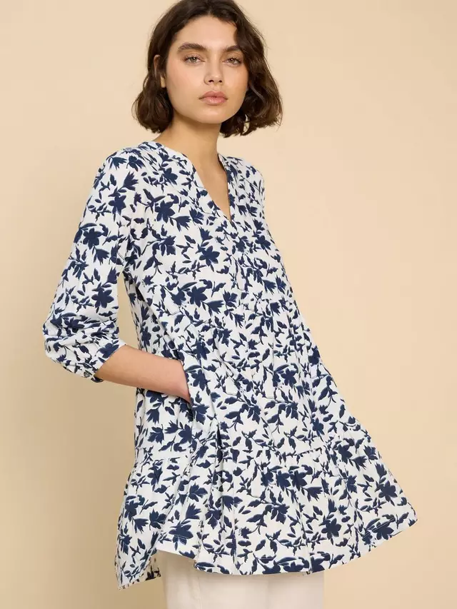 

Топ White Stuff Marta Floral Cotton Tunic, цвет white/navy