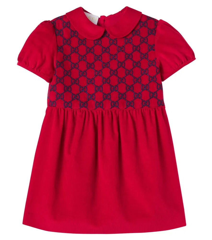 Детское платье Baby GG из вышитого хлопкового бархата Gucci Kids, красный