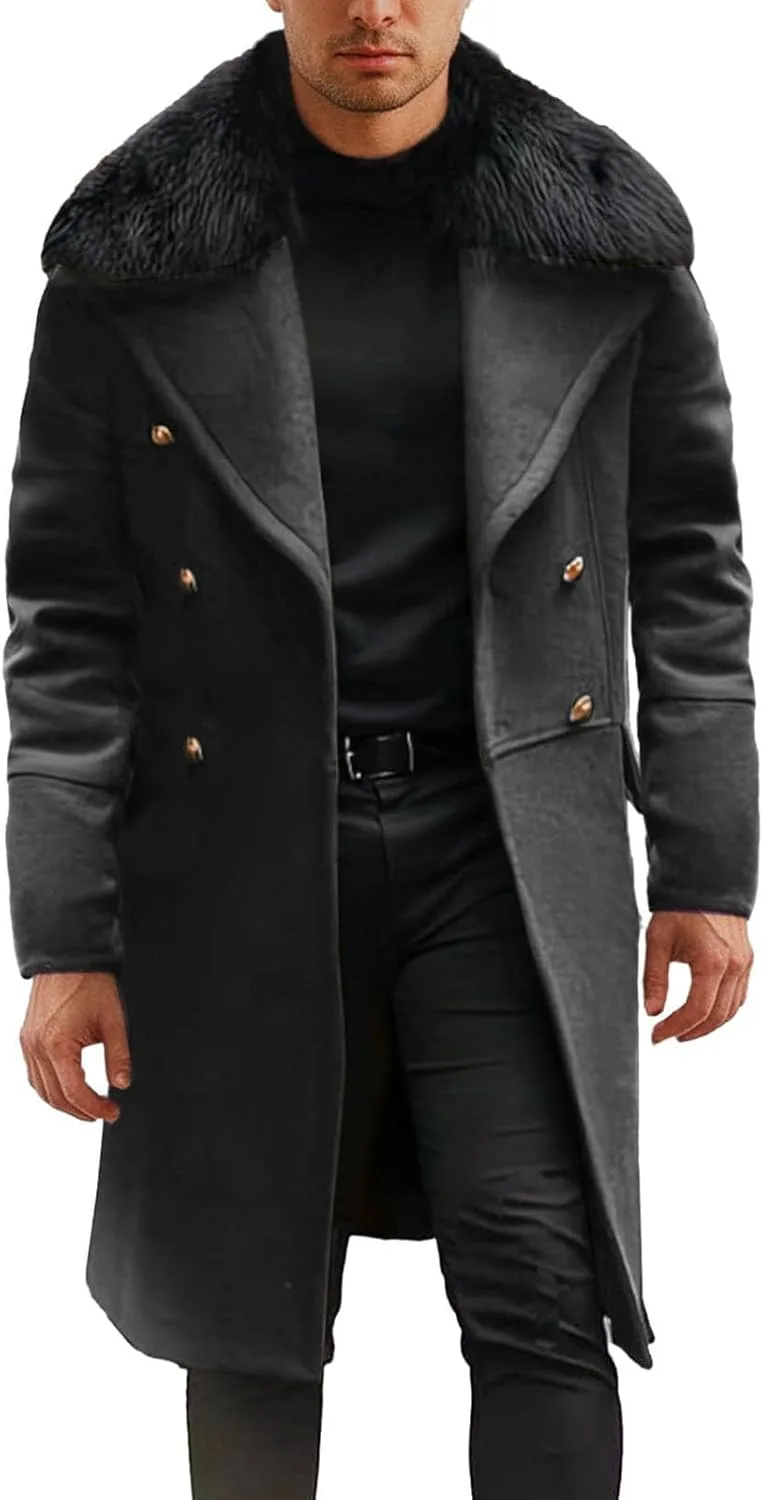 Мужской зимний тренч, двубортное пальто, объемное пальто из шерстяной смеси, утепленная теплая верхняя одежда с воротником из искусственного меха Generic, темно-серый