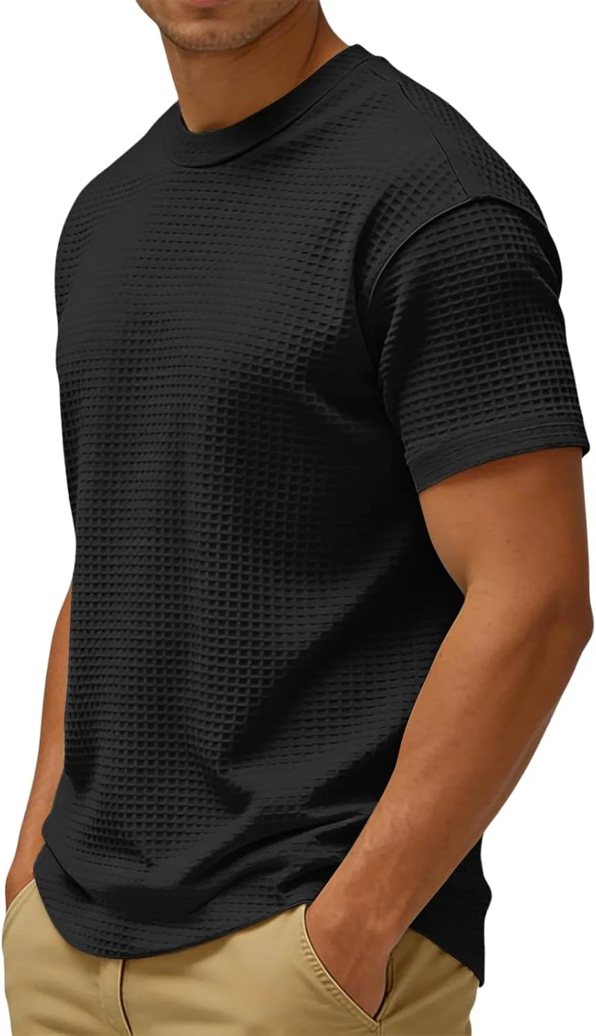 Мужская футболка с вафельной текстурой, свободный крой, Y004-black — фото 2