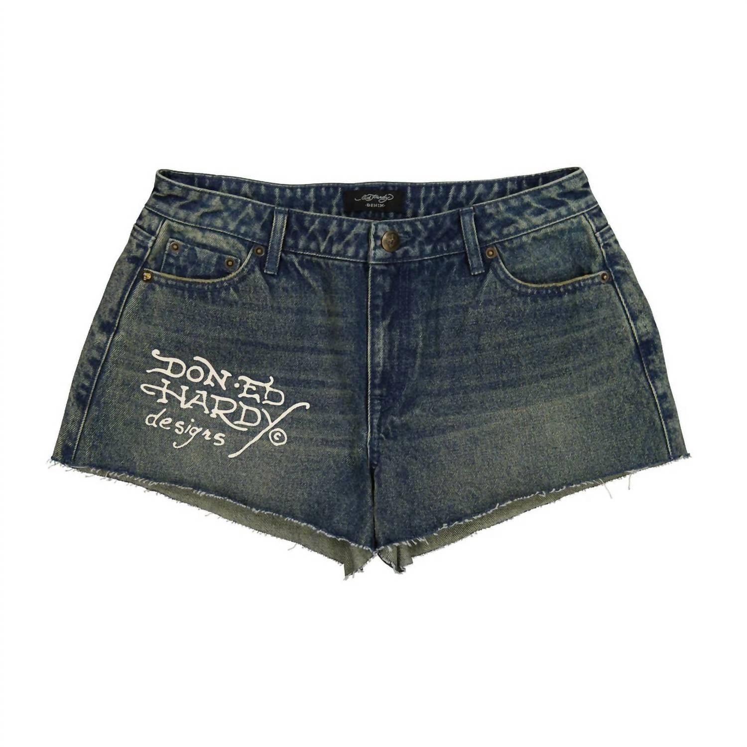 

Женские джинсовые шорты с вышивкой "Кинжал сердца" в среднем тоне Ed Hardy, Medium Tint
