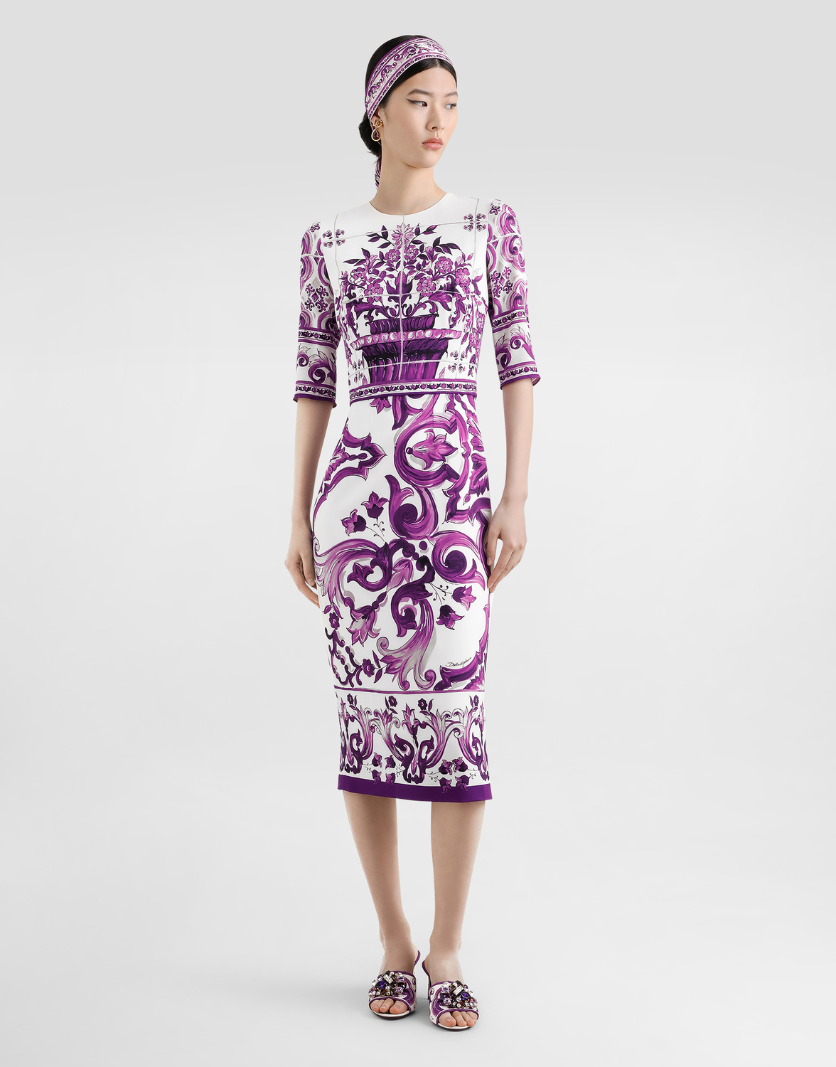 Платье из шармуза с принтом майолика Dolce & Gabbana, мультиколор — фото 2