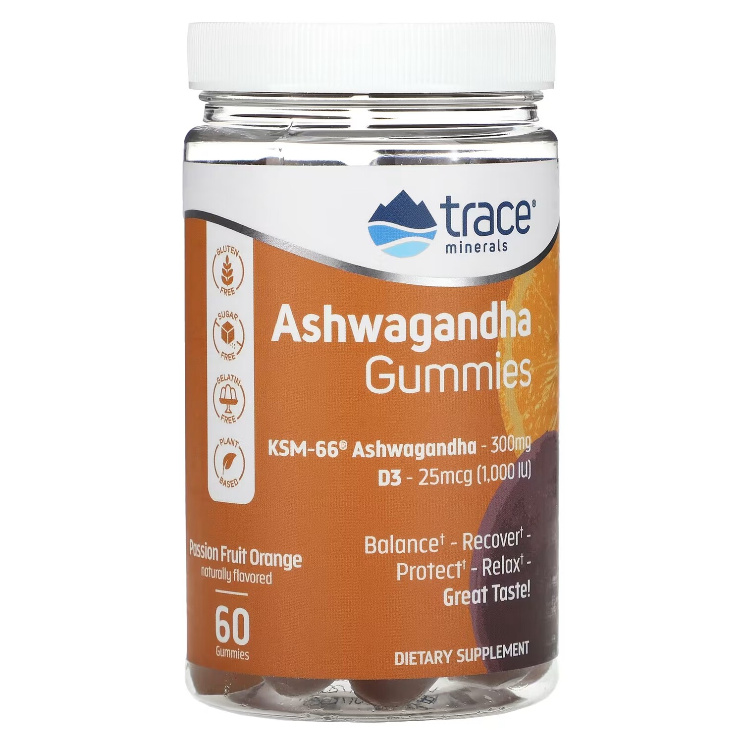 

Добавка Trace Minerals Ashwagandha маракуйя и апельсин, 60 жевательных конфет