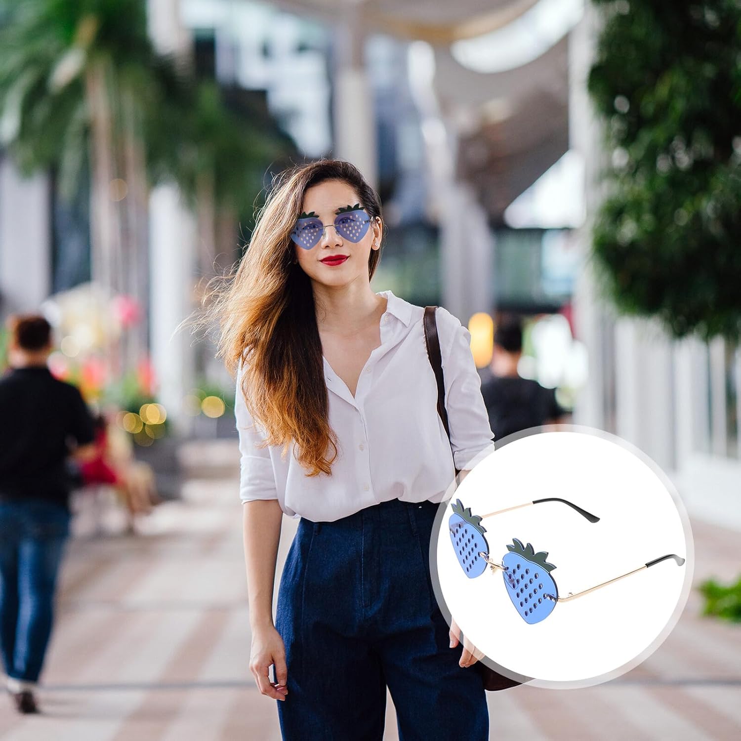 

Женские солнцезащитные очки без оправы в форме клубники. Стильные повседневные очки для пляжа. Взрослые пляжные очки без оправы с золотой оправой и темно-синими линзами SEWCHICS, Blue