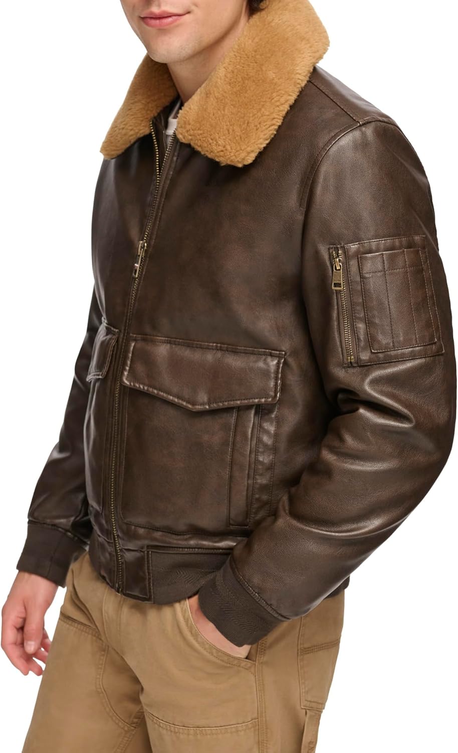 Мужская куртка-бомбер из искусственной кожи Tommy Hilfiger, Dark Brown Faux Fur Collar — фото 3