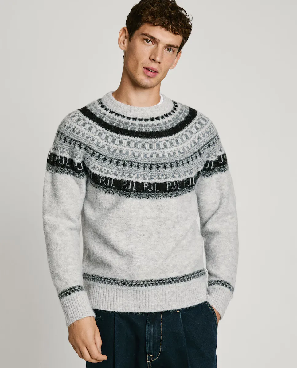 

Мужской свитер с круглым вырезом и принтом fairisle Pepe Jeans, светло-серый