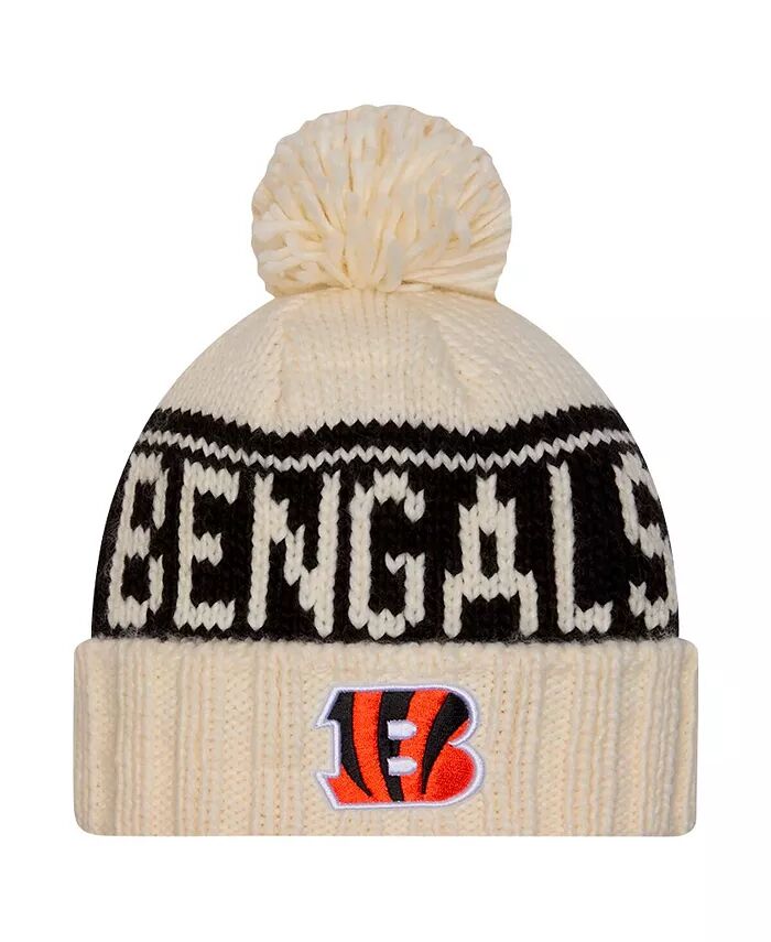 

Женская кремовая вязаная шапка Cincinnati Bengals 2024 Sideline с манжетами и помпоном New Era