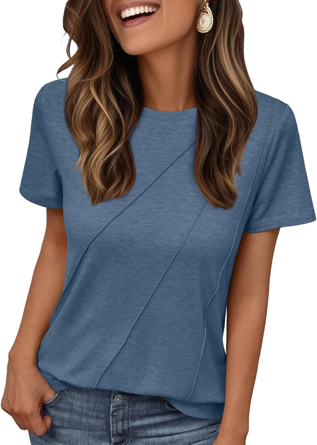 Женские футболки с коротким рукавом AUTOMET - мягкие и удобные футболки с круглым вырезом и уникальной диагональной строчкой, летняя повседневная одежда, Navy