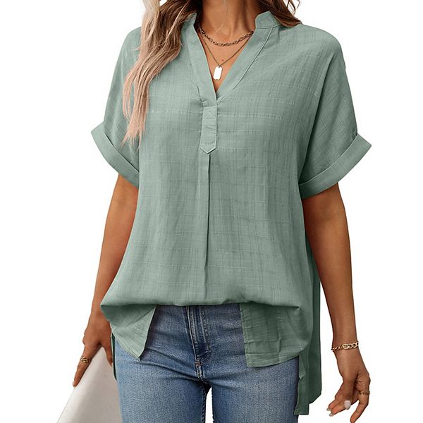 

Женская блузка свободного кроя с v-образным вырезом, коротким рукавом и клетчатым принтом Clearflower