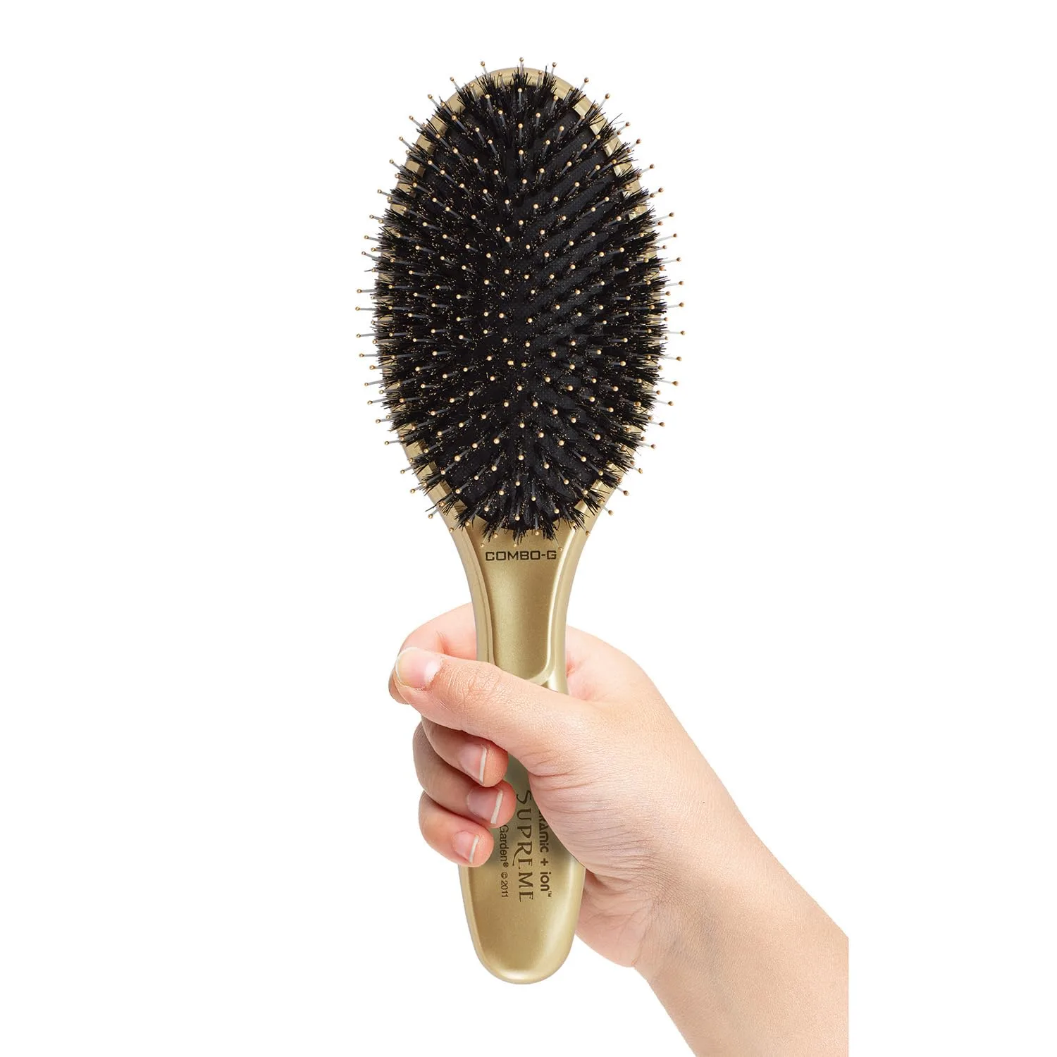 Расческа-щетка Olivia Garden Ceramic + Ion Supreme Styler Cushion Paddle Brush - на основе кабаньей щетины и ионов для блеска, контроля пушистости и разглаживания волос. Щетина кабана и ионная, Gold — фото 3