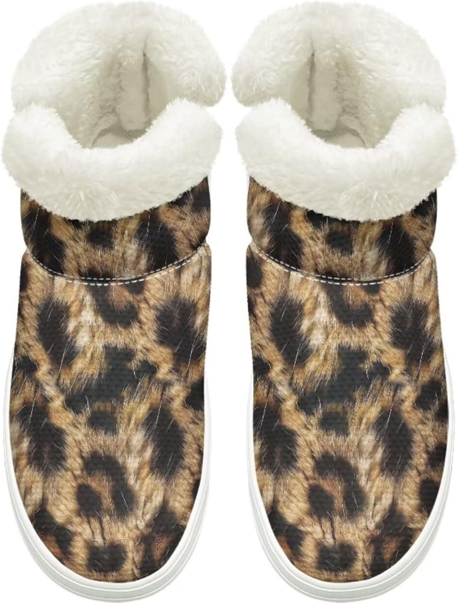 

Зимние Ботинки на Легком Надевании для Женщин и Мужчин с Эластичной Липучкой у Щиколотки, Пушистые Снежные Ботинки с Меховой Подкладкой, Удобные, Нескользящая Подошва Cugasmaru, Animal Print Leopard