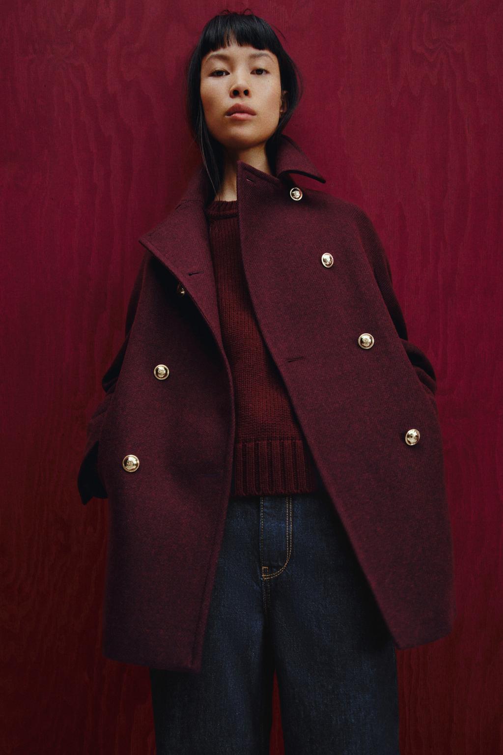 

Двубортное вязаное шерстяное пальто ZARA, бордовый