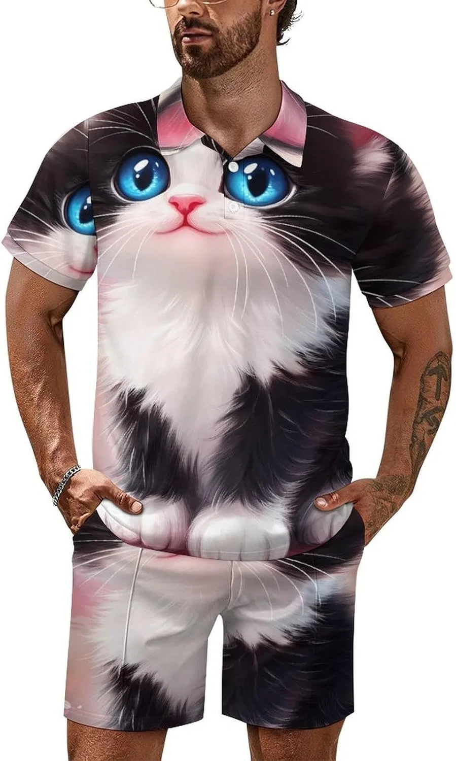 Мужской спортивный костюм с принтом, 2 предмета, Black And White Cat, Style