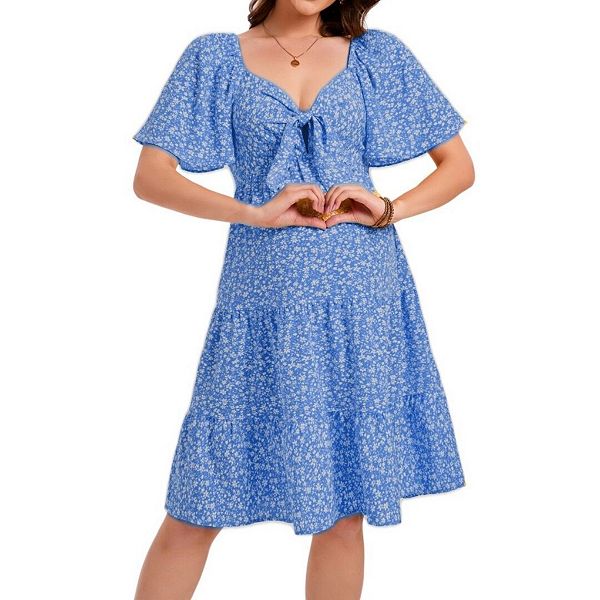 

Летнее платье для беременных с глубоким v-вырезом, элегантным бантом и рюшами по подолу, миди Yesfashion, Blue