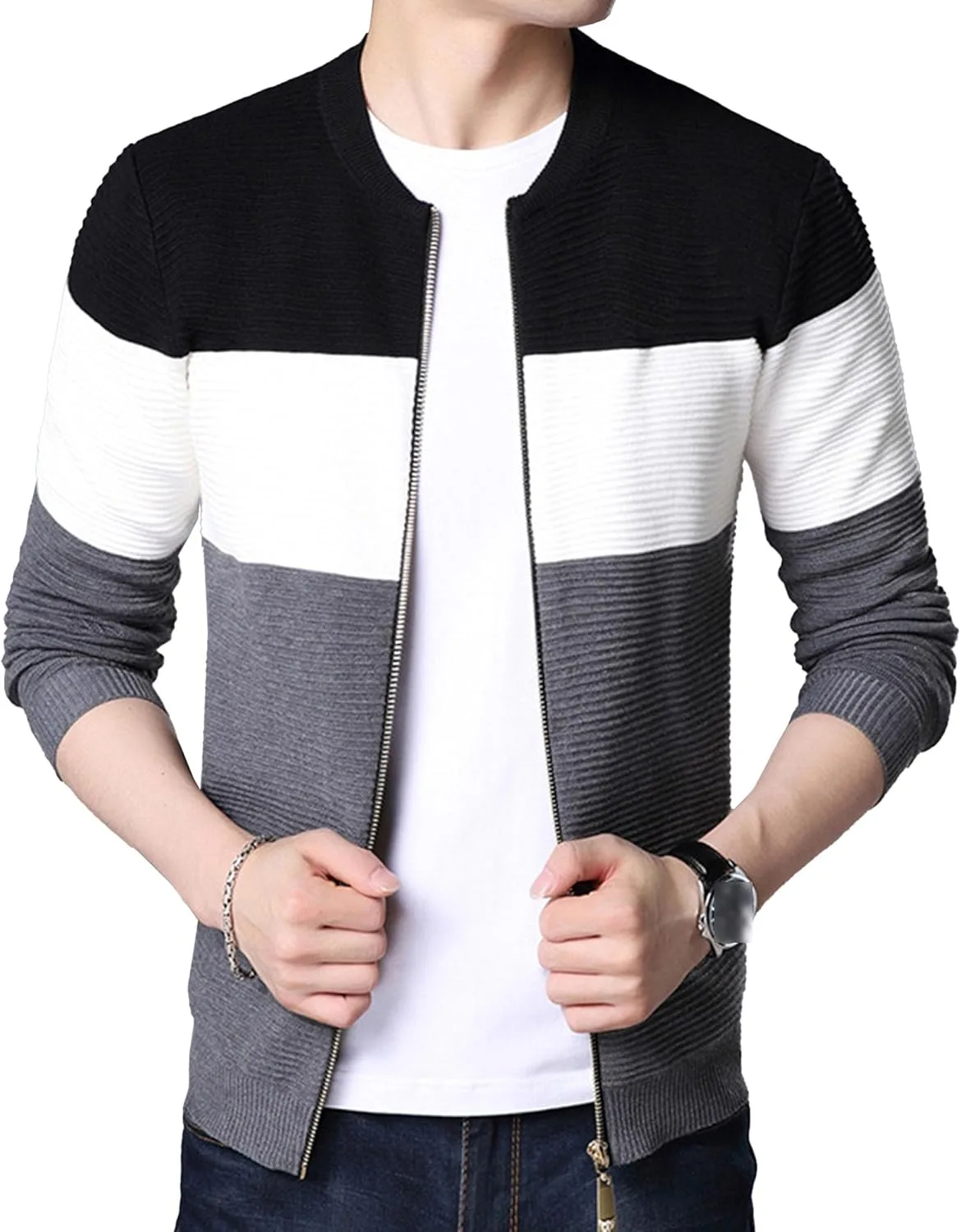 Кардиган мужской Patchwork Knit Thermal Slim Fit Full Zip